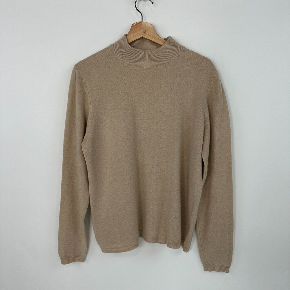 Charter Club 100% Cashmere Sweater Women PM Tan Mock Neck Minimalist Old Money